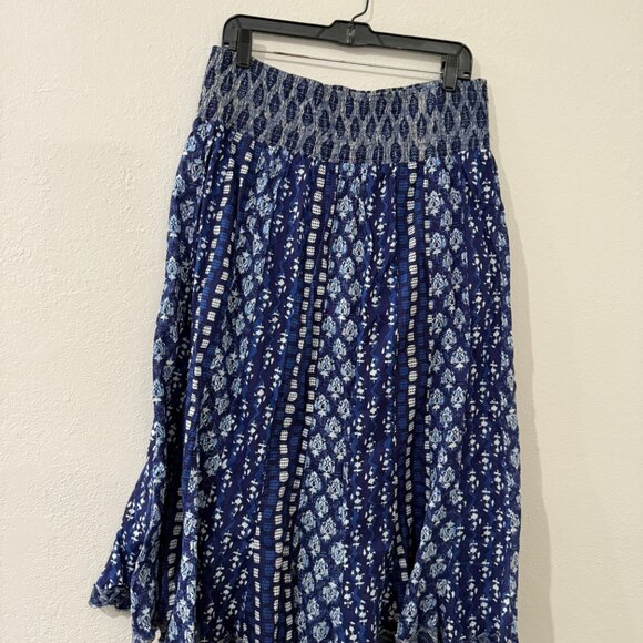 Marrakech smocked midi skirt size Large printed flowy blue white block print - Picture 2 of 7